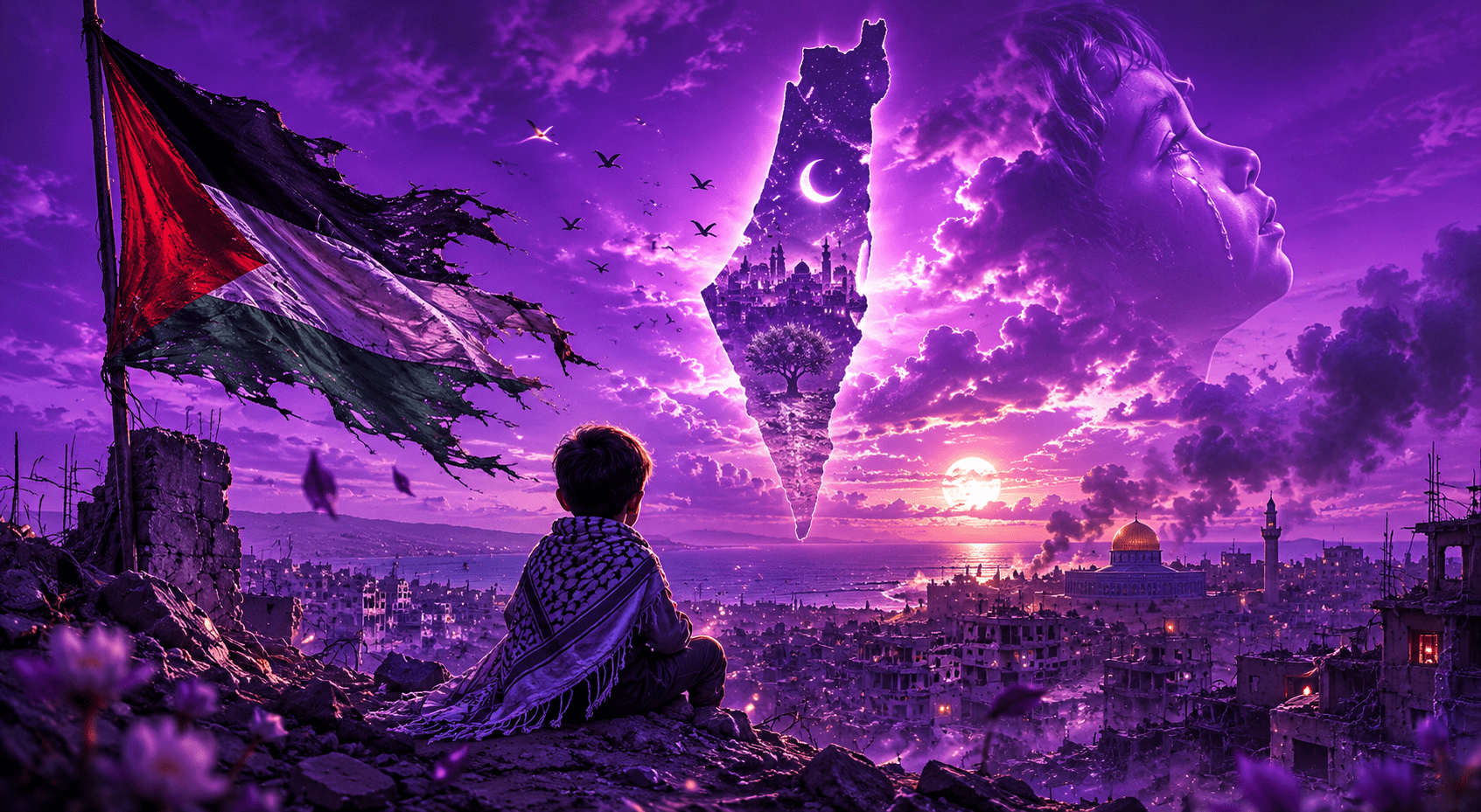 تصميم تضامني مع غزة والعلم الفلسطيني